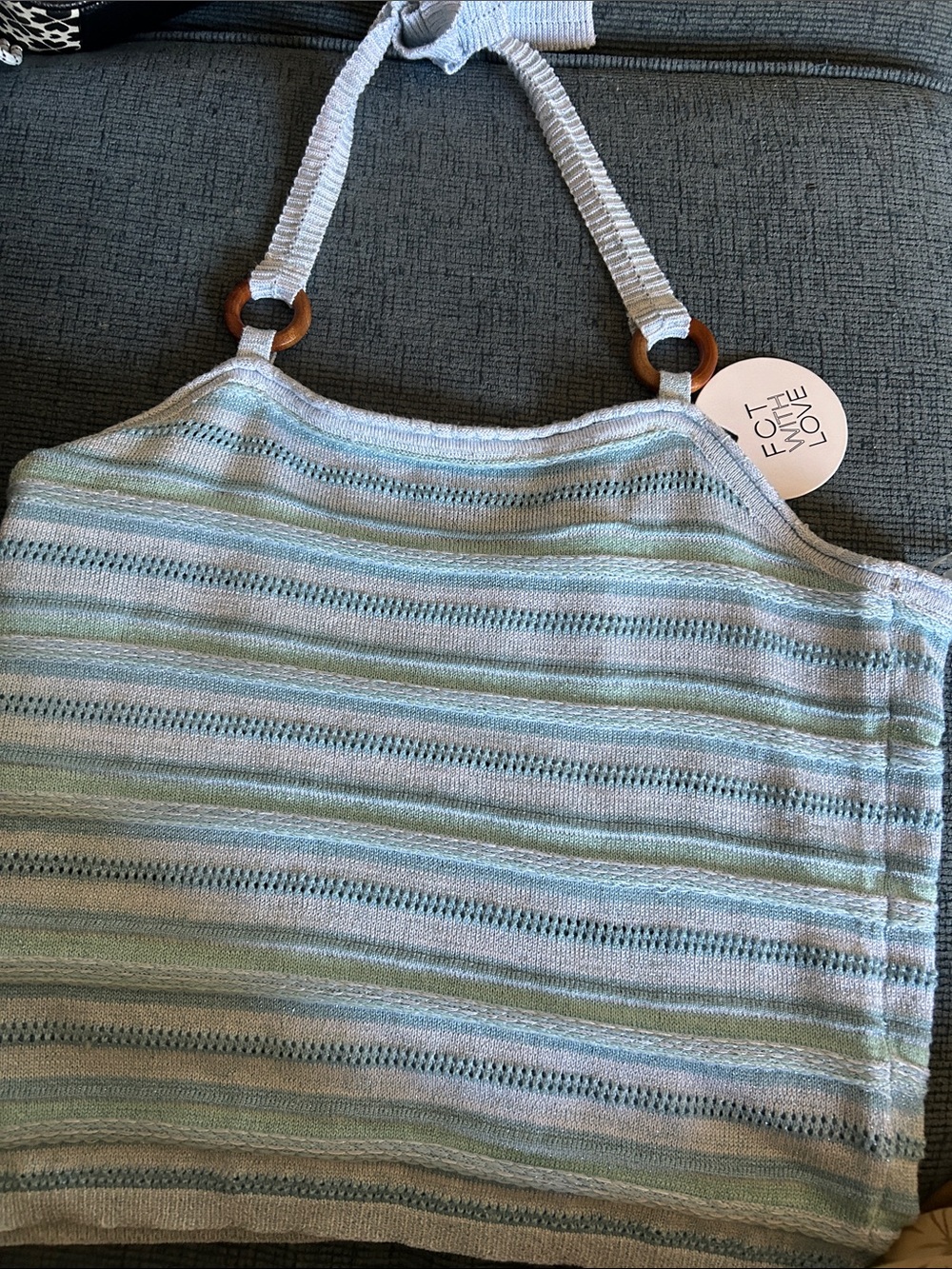 Striped Light Blue & Soft Green Knit Tote with Wooden Ring Handles -